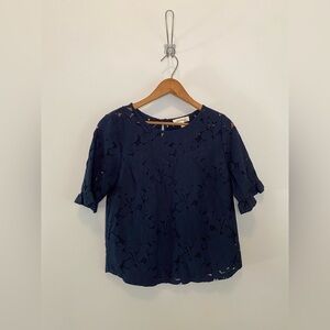 Monteau Navy Floral Lace Short Sleeve Blouse